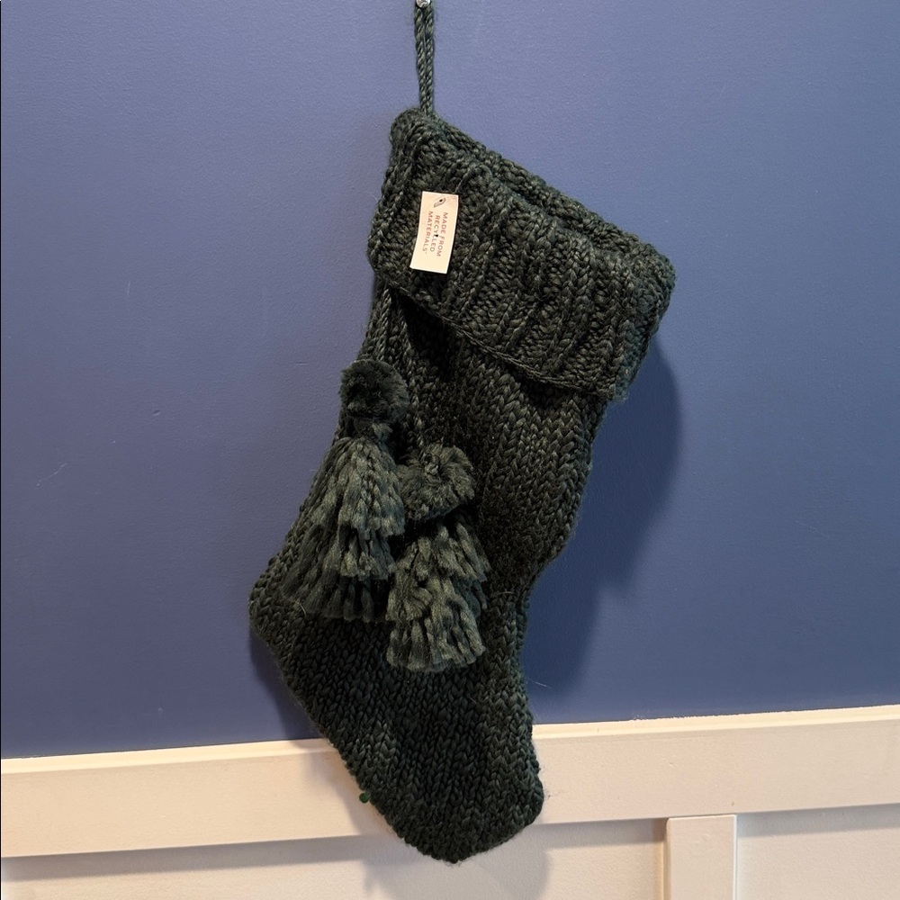 Beautiful Green Knit Stockings and tree skirt with Tassels